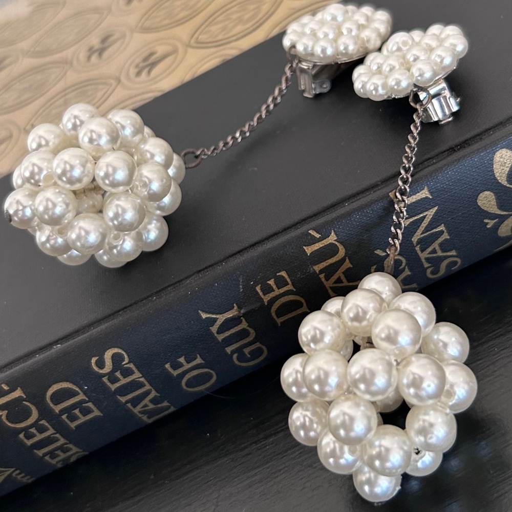 Vintage Beaded Pearl Drop Clip On Earrings, Large
